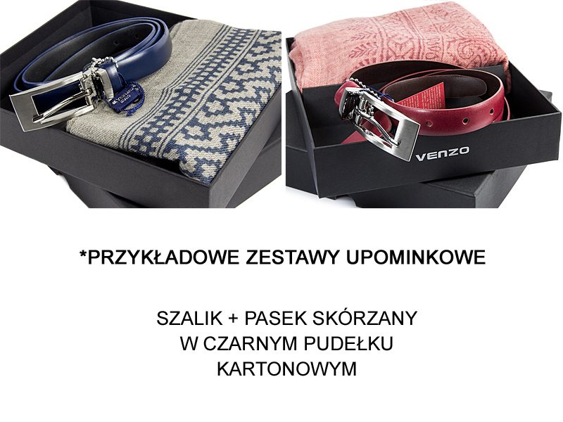 przykładowe zestawy: szalik+ pasek w pudełku